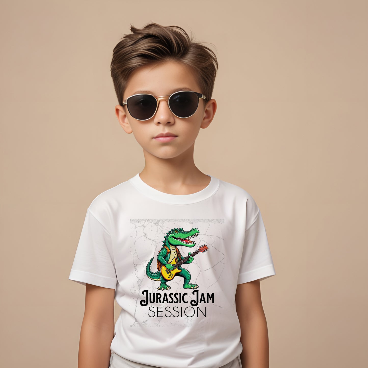 Jurassic Jam Session Kids Tee - Fun Dinosaur Music Shirt for Little Rockstars