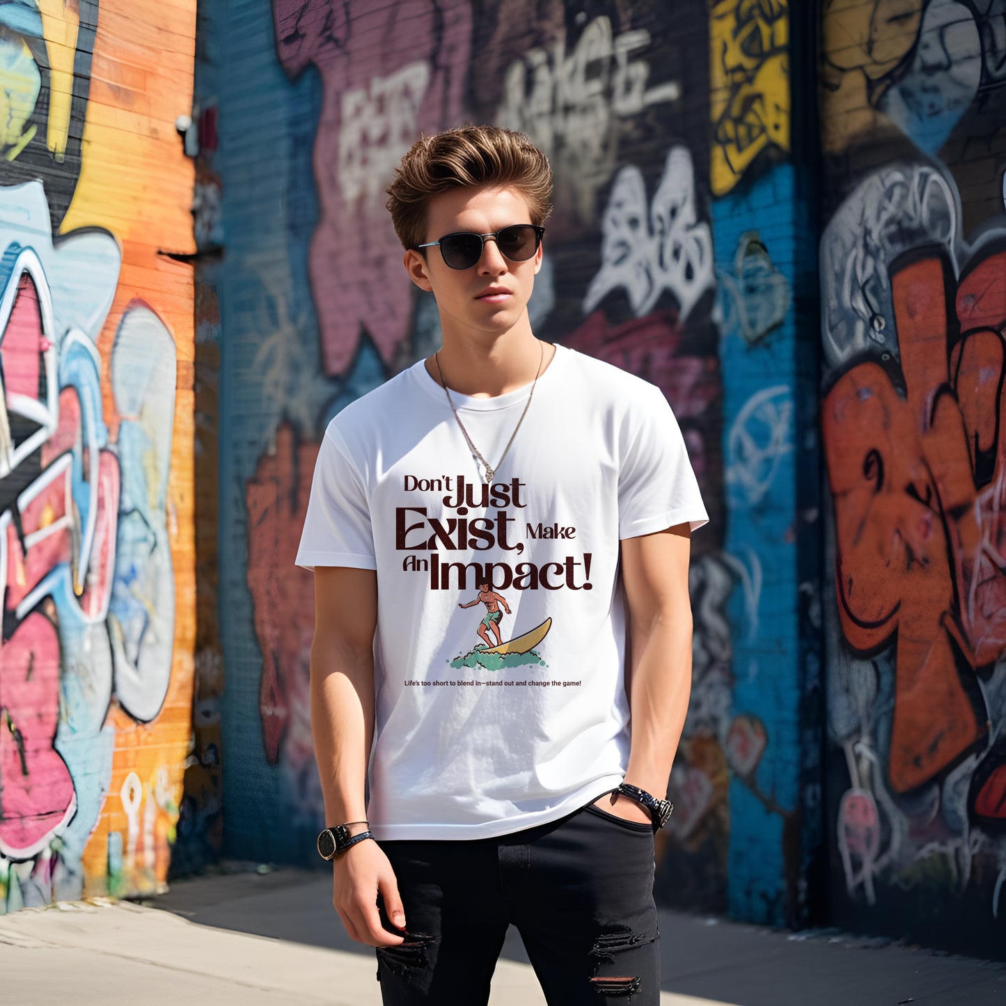 Unisex T-Shirt - "Don't Just Exist, Make An Impact!" Surf Design
